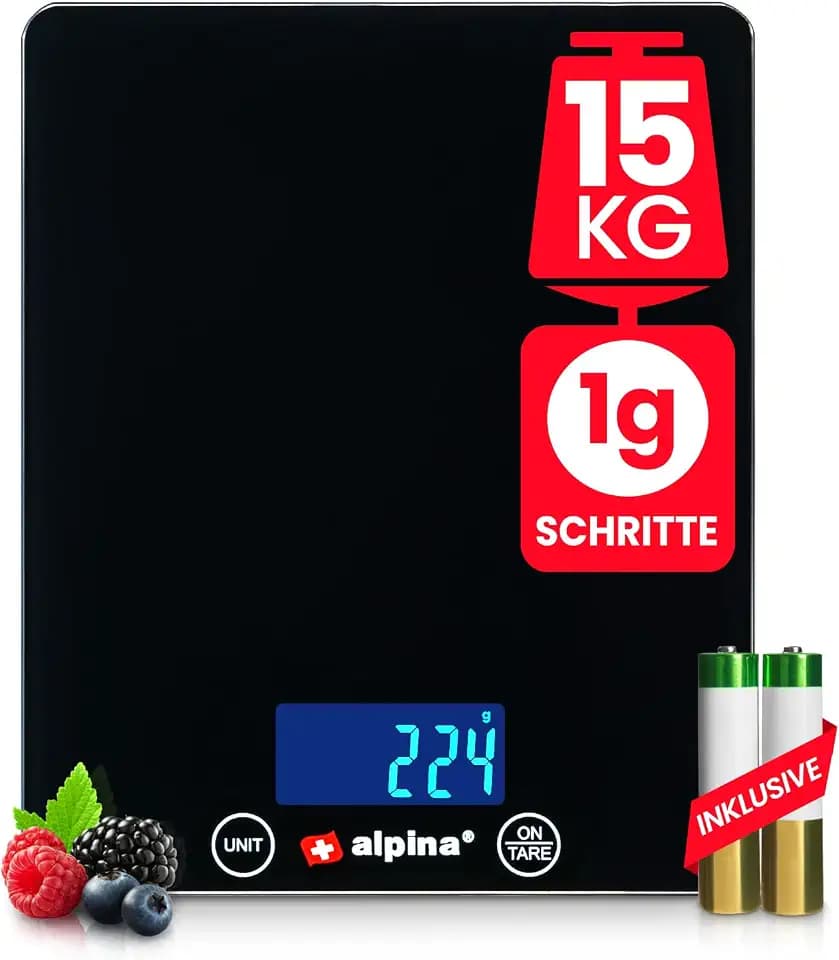 alpina Küchenwaage digital Scale Waage - bis 15 kg in 1 g Schritten - flache digitale Küchenwaage 22,5 x 18,5 x 2 cm mit gehärtetem Glasboden - g, kg, ml, oz, fl´oz, lb:oz, Schwarz