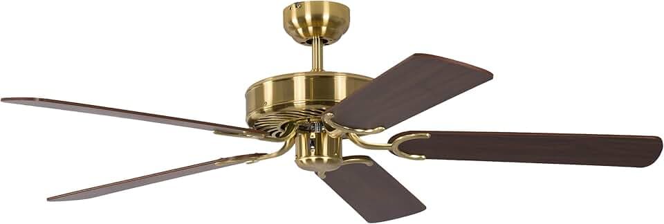 Deckenventilator ohne Beleuchtung Potkuri, Gehäuse Messing seidenmatt, Wendeflügel Walnuss oder Walnuss mit Rattaneinlage , 132 cm, für Räume bis zu 25m²