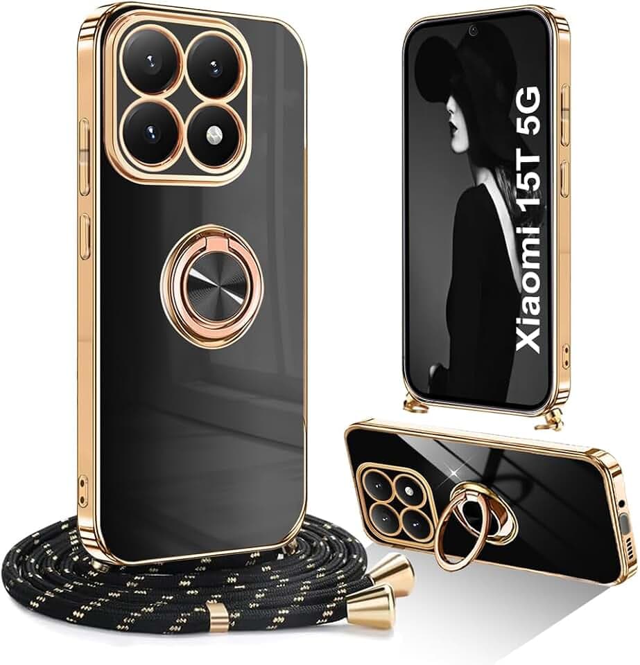 Hülle für Xiaomi 15T Hülle mit Band, 360 Grad Ring Halter Magnetische Handyhülle, Galvanisierte TPU Schock Schutzhülle, Mode Glitzer SchutHülle mit Abnehmbar Kordel, Schwarz