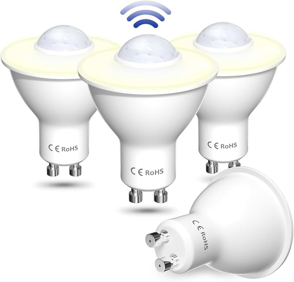 5W GU10 LED Glühbirne mit Bewegungsmelder, Warmweiss 3000K Auto On/Off PIR Sensor LED Birne für den Treppen, Garage, Hausflur, Innenhof(4 Stück)