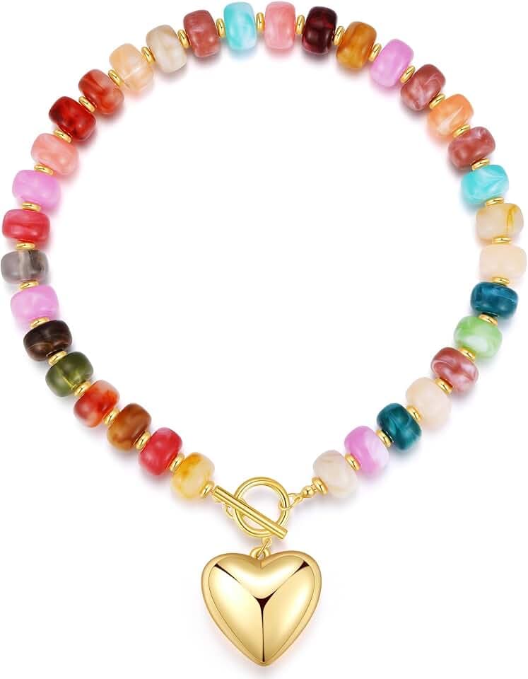 Chunky Heart Necklaces for Women Colorful Resin Beaded Necklaces for Women Gold Puffy Heart Statement Necklace Trendy Acrylic Choker Jewelry Gift