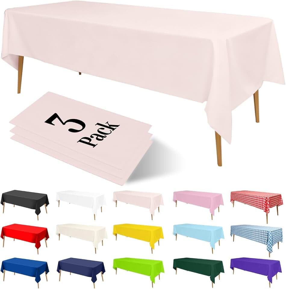 3 Pack Premium Blush Light Pink Plastic Table Cloths Disposable, 54 x 108 Inch Rectangle Tablecloths, Waterproof Table Cover, Decorative Tablecloth for Valentine, Wedding, Thanksgiving, Party