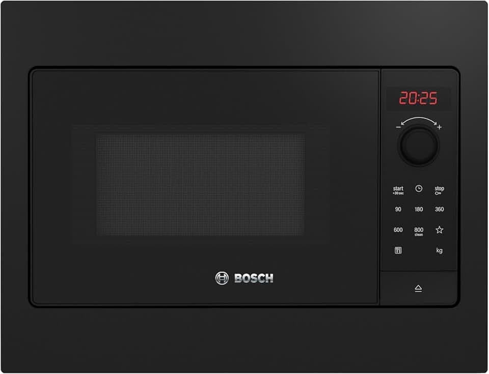 Bosch BFL523MB4 Serie 2 Einbau-Mikrowelle, 38 x 50 cm, 20 L, 800W, Drehteller 27 cm, AutoPilot 7 Programme, LED-Display, QuickStart, hydrolytische Reinigung, Schwarzglas