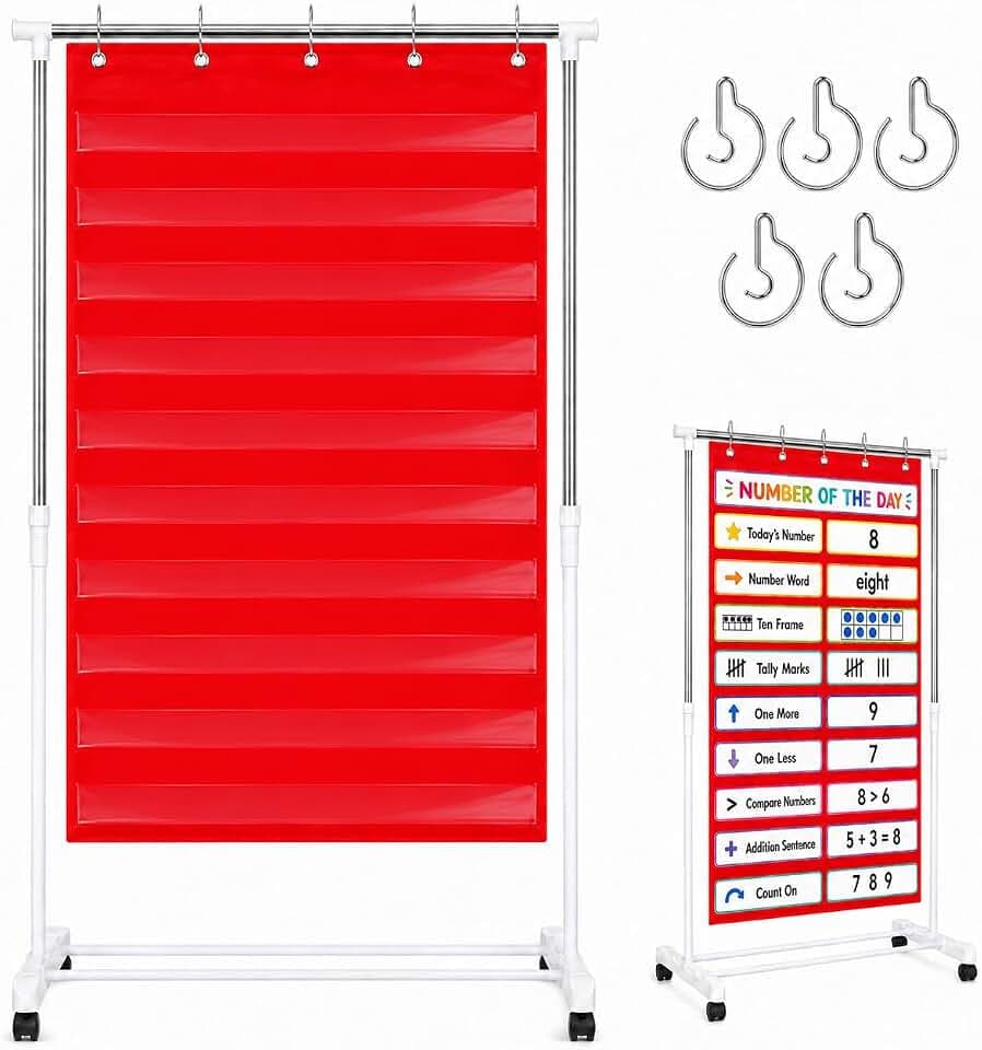 Adjustable Pocket Stainless Steel Chart Stand for Classroom Expandable Anchor Chart Holder with Casters & 5 Rings Standard Educational Teaching Supplies for Teachers School Office Tools (White & Red)
