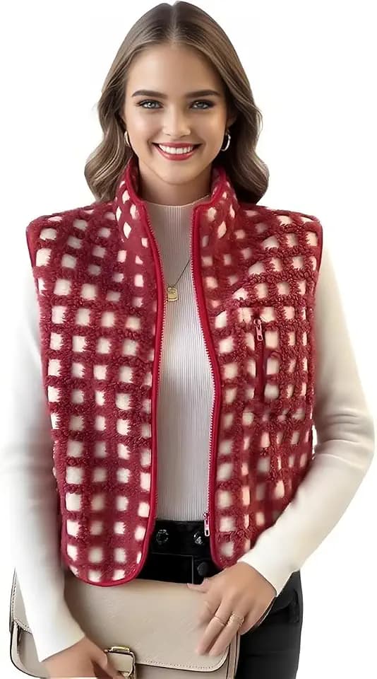 Karierte Sherpa-Fleece-Weste für Damen, ärmellos, mit Reißverschluss, hoher Kragen, Winter, warme Weste, Herbst und Winter, gemütliche Fleece-Oberbekleidung für Damen