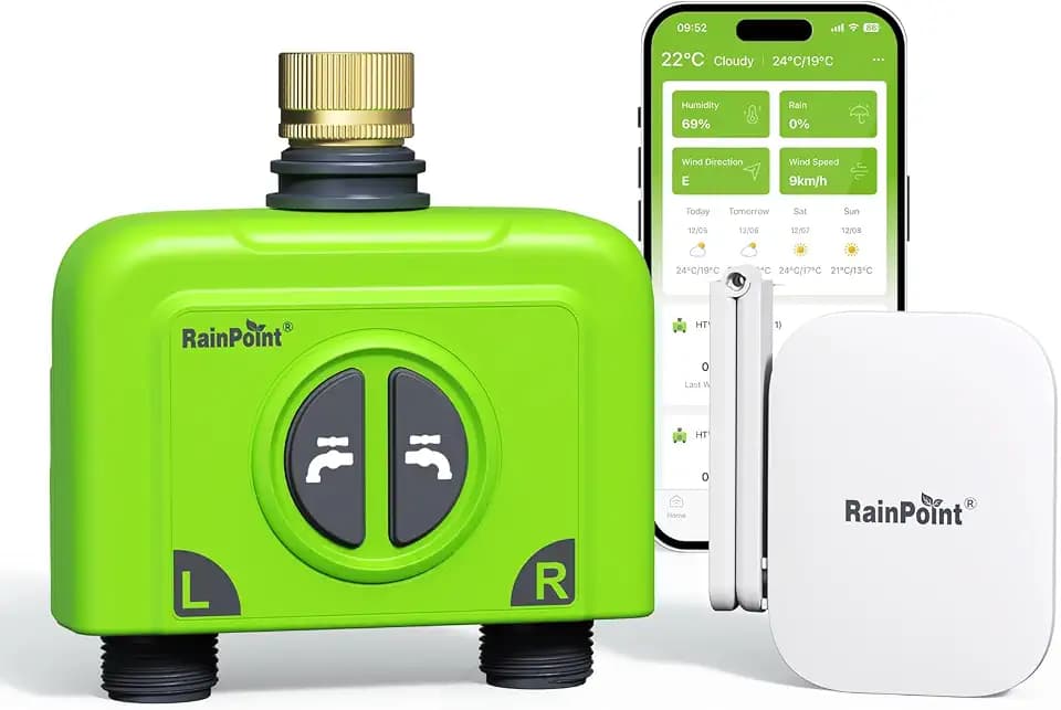 RAINPOINT Bewässerungscomputer WLAN 2 Ausgänge mit Antennen-Gateway und Messingeinlass Smart Bewässerungssteuerung mit APP/Sprachsteuerung IP65 Garten Automatische Bewässerungssystem, 2x6 Zeitplänen