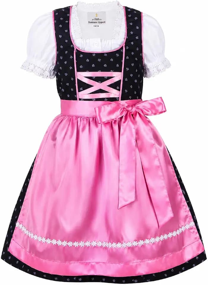 Ramona Lippert Kinderdirndl Lea, 3 teilig mit Bluse und Schürze, Mädchen Trachtenkleid Kinder, dunkelgrau rosa