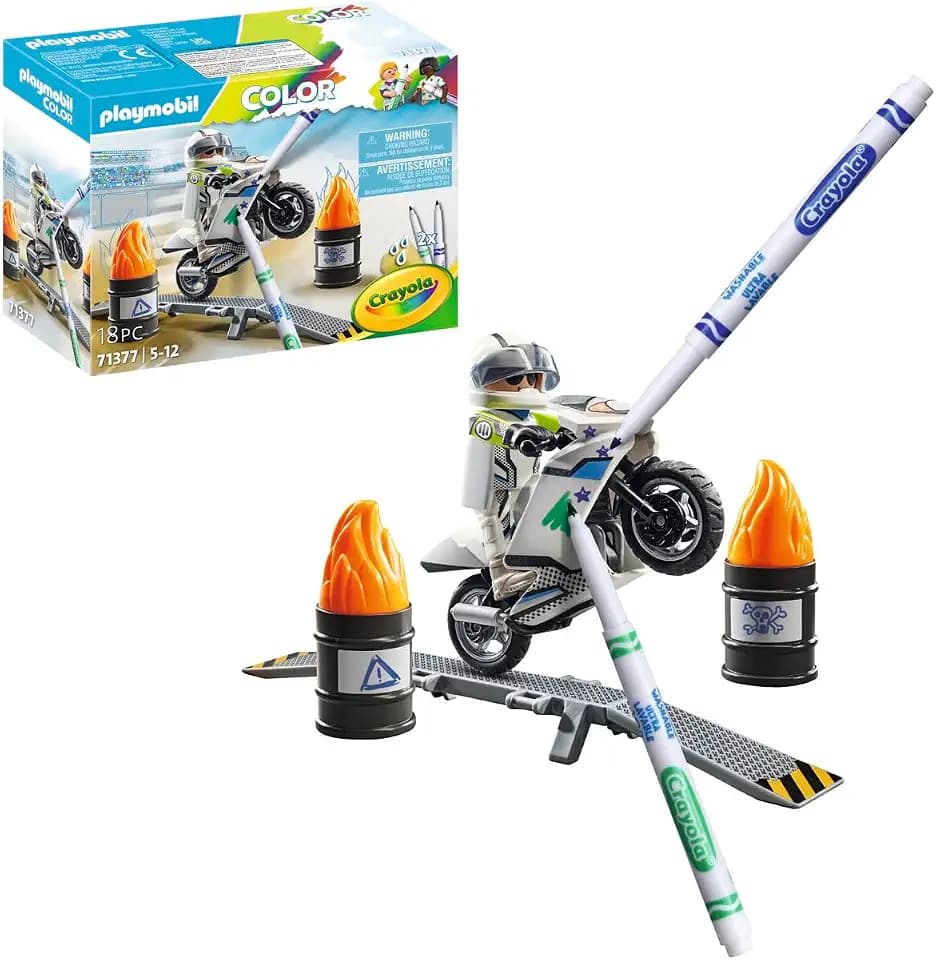 PLAYMOBIL Color 71377 Motorrad, kreatives Fahrzeugdesign mit wasserlöslichen Stiften, Schwamm und zahlreichem Zubehör für actiongeladene Stunts, künstlerisches Spielzeug für Kinder ab 5 Jahren