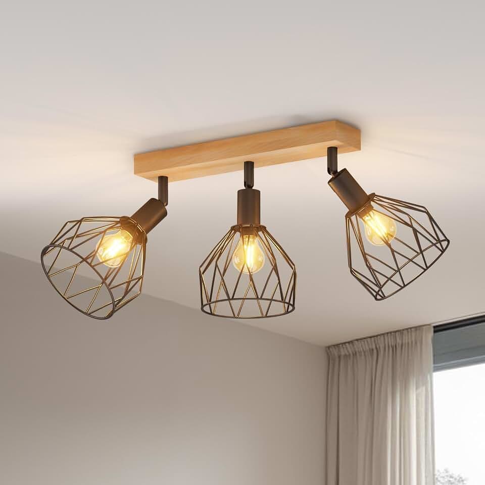 LVWIT E14 Deckenlampe 3 Flammig LED Deckenleuchte Deckenstrahler Schwenkbar 350° Holz LED Deckenspots Schwarz Küchenlampe Wohnzimmer, Flurlampe Modern für Flur, Küche, Schlafzimmer