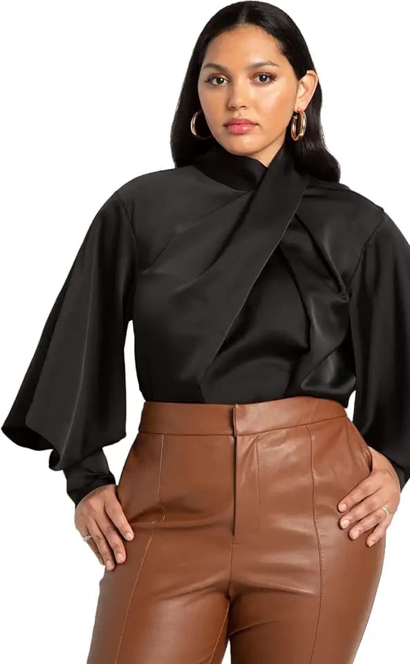 ELOQUII Draped Neck Satin Blouse