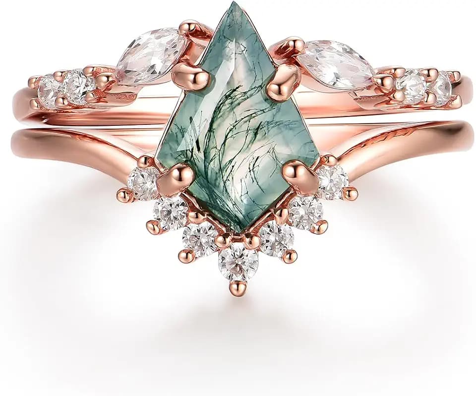 Natural Moss Agate Gemstone Genuine 925 Sterling Silver Ring for Women Kite Cut Women's Ring Set for Engagement Silver 925 Jewelry