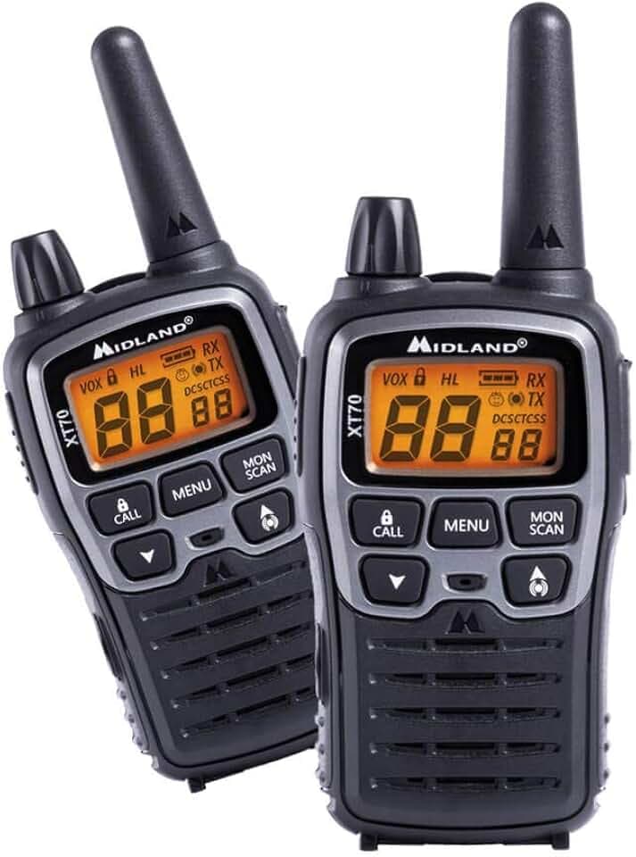 Midland XT70 Funkgerät, Dualband Walkie Talkie, professionelles Funkgerät mit 69 LPD und 24 PMR446 Kanälen, Schnellladung, 12 km Reichweite, 38 Töne, 83 Codes, Farbe Grau, Set mit 2 Funkgeräten, C1180