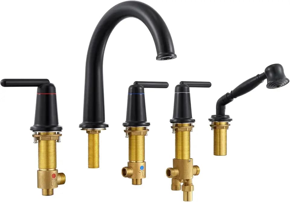 Roman Tub Faucet with Sprayer, 5 Hole Widespread Deck Mount Bathtub Faucet with Valve Classic High Arch Gooseneck Bath Tub Faucet Set with Diverter High Flow Tub Filler Matte Black WT-9809BK