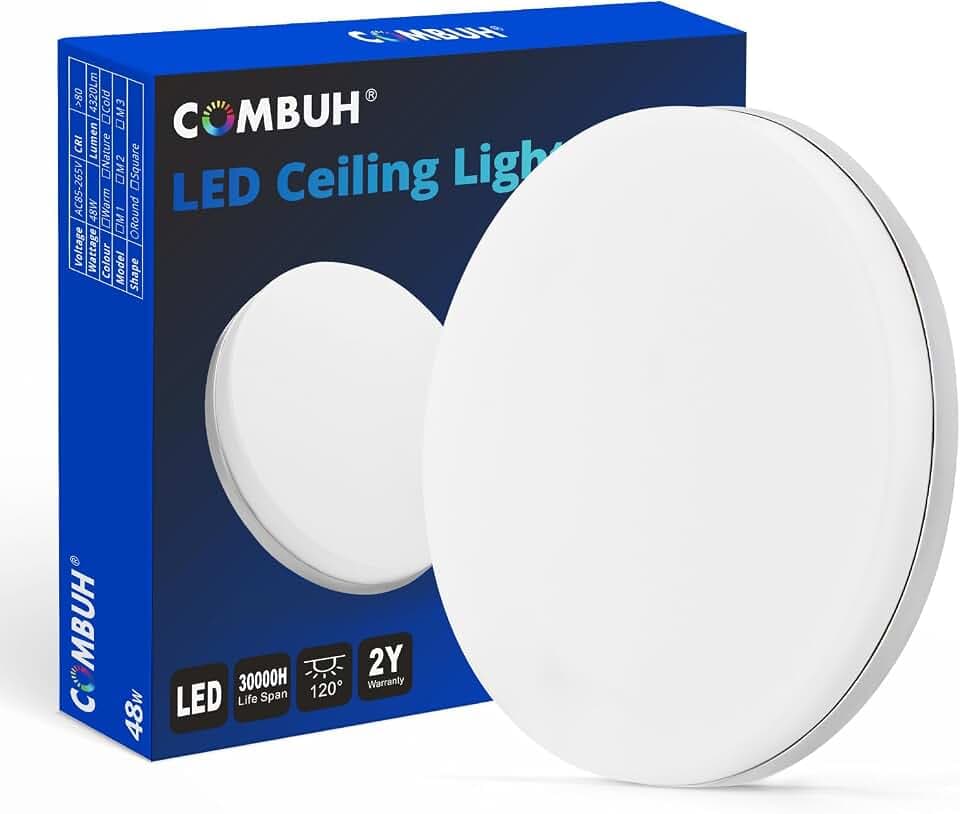 Combuh Led Deckenleuchte 48W Deckenlampe Büro Lampe Decke Rund Flach 30cm, 4320lm Hauptbeleuchtung für Große Flächen Leuchte für 25-35 m² Kaltweiß 6500K Flur Balkon Werkstatt Arbeitszimmer