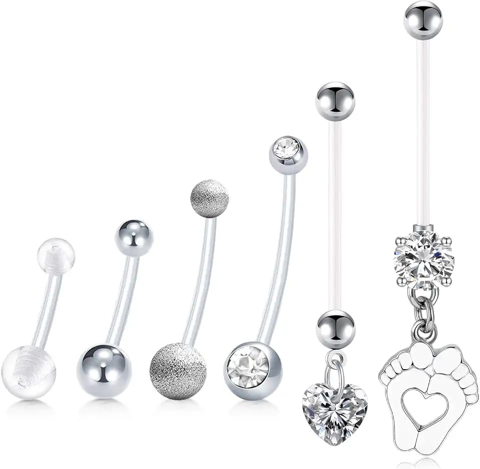 LAURITAMI 6stk Schwangerschaft Bauchnabelpiercing Nabel Ringe Acryl Fleixble Bioflex 14/18/25/32/35/38mm Stab Bauchnabel Piercing