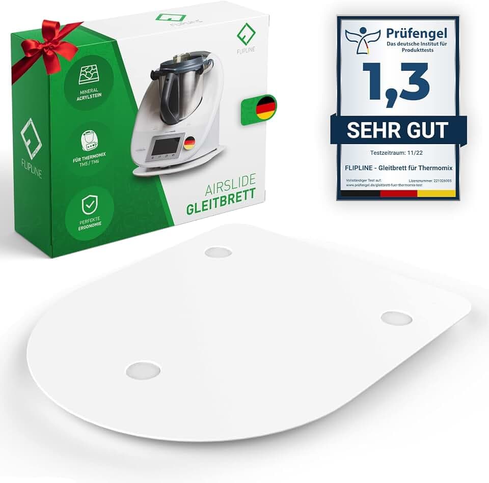 FLIPLINE AirSlide Gleitbrett | Kompatibel mit T6 / T5 | Thermo-Küchenmaschinen Mixer – Slider aus Mineral-Acrylstein mit Teflon-Füßen | einfaches Verschieben – Rollbrett kompatibel mit Thermo Mixern