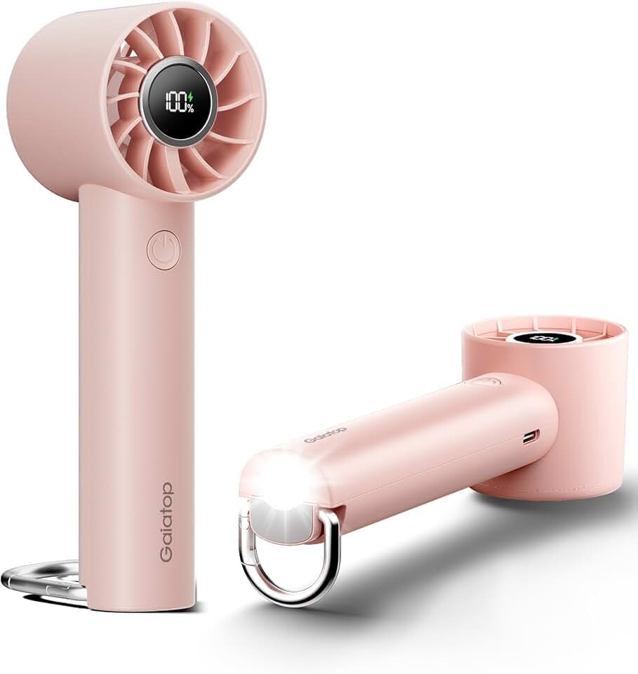 Gaiatop Tragbarer Turbo Handventilator mit LED Taschenlampe und Basis, Wiederaufladbarer Mini Ventilator, Reiselüfter für Zuhause, Büro & Camping, Geschenk für Frauen & Männer – Rosa