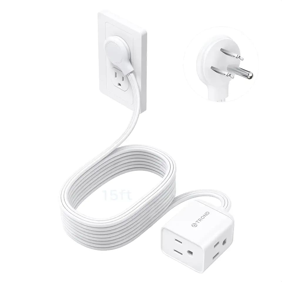 TROND Rightward Flat Plug Extension Cord 15ft for Small Tight Spaces, White