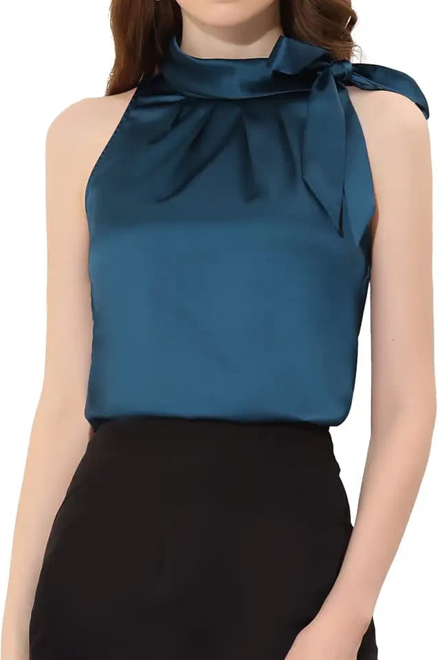 Allegra K Women's Satin Tank Tops Bow Tie Mock Neck Sleeveless Work Blouse