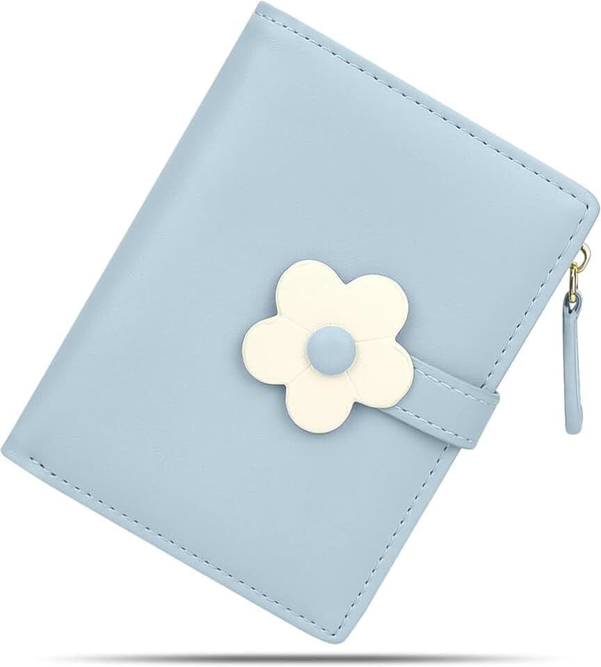 conisy Süß Geldbörse Damen Klein, Dünn Bifold Leder Portemonnaie Damen mit RFID Schutz, Geldbeutel Mädchen mit Reißverschluss Münzfach (Blume blau)