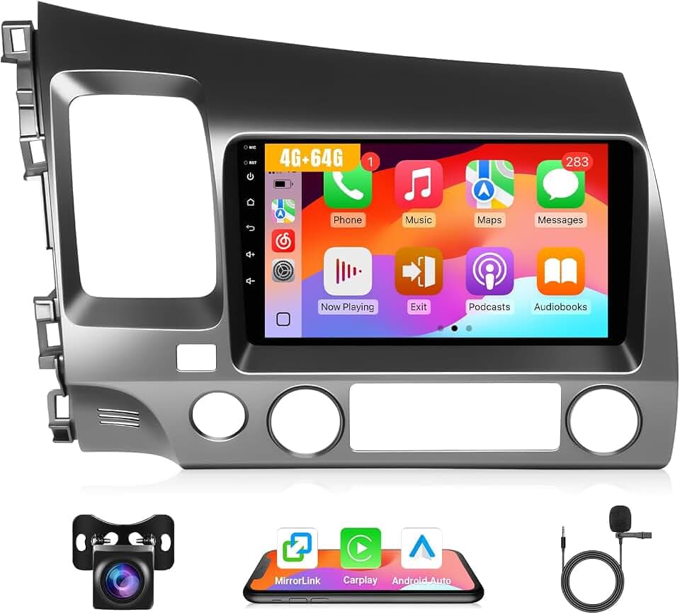 Leadfan 4G 64G Car Radio for Honda Civic 2006 2007 2008 2009 2010 2011 with Wireless Carplay Android Auto, GPS Navigation SWC FM Bluetooth Backup Camera (9IN, Support Airbag,4+64G)