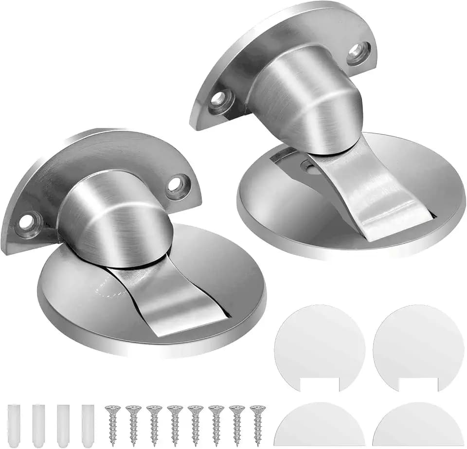 Magnetischer Türstopper, 2er-Pack Edelstahl-Bodenmagnet-Türstopper, selbstklebend, aus gebürstetem Nickel, unsichtbar, strapazierfähig, silberfarben, magnetischer Türhalter, kein Bohren