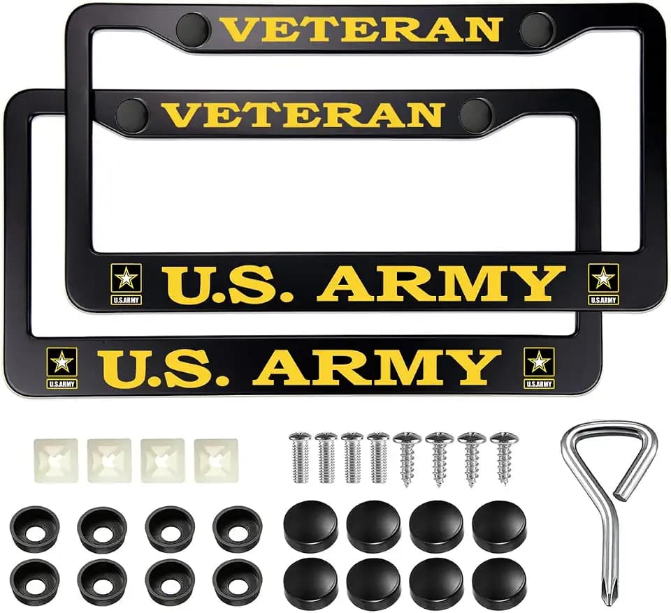 2PCS Matte Black Frames for Army License Plate Frames, 2 Holes Solid Aluminum Veteran License Plate Holders Universal Car License Plate Covers and Screws