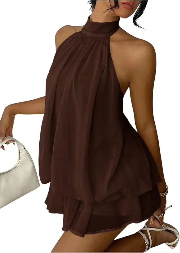 Verdusa Women's Chiffon Halter Drop Waist Flowy Wedding Guest Mini Dresses