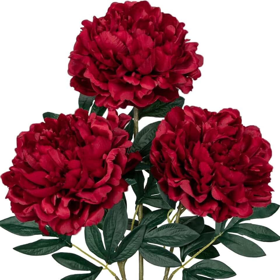 Briful 3PCS 74CM Künstliche Pfingstrosen Stiel Kunstblumen Wie Echt, Künstliche Rosen Dunkelrote Pfingstrosen,Vintage Künstliche Blumen Bouquet für Braut Hochzeit Home Party Blumengesteck