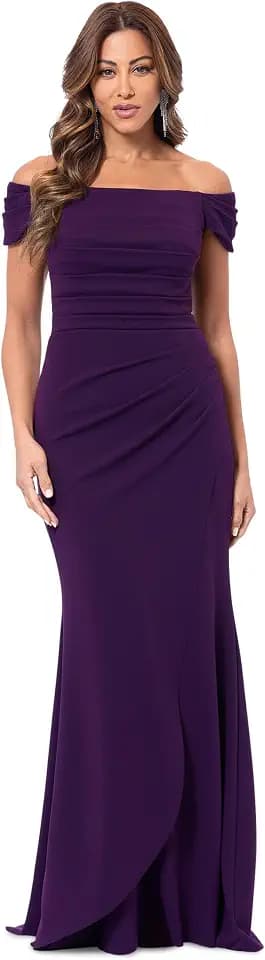 Xscape Women's Xscape Women's Off-The-Shoulder Gown with Pleated Bodice, Draped Detail, and Fitted Silhouette.