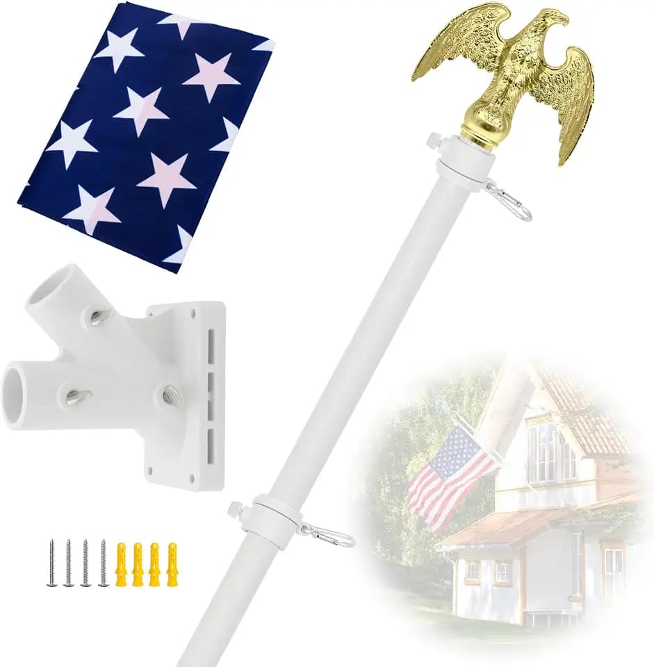 Flag Pole for Outside House, 6 FT Flag Pole Kit for Outdoor with Holder, 3x5 US Flag and Eagle Topper, Stainless Steel House Flag Pole for Porch (White)