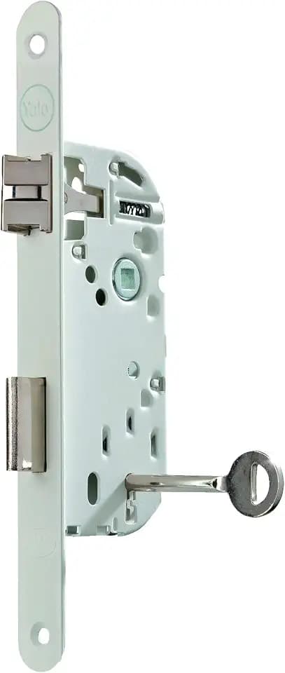 Yale Einsteckschloss mit Schlüssel, Achse 40 mm, Truhe 135 mm – Zertifiziert NF Level 2 – Y75R-A40/B/SC – Reversibel, Stutzen rund – Innentür, Schlafzimmer, Büro – Weiß, Schließblech und Schlüssel