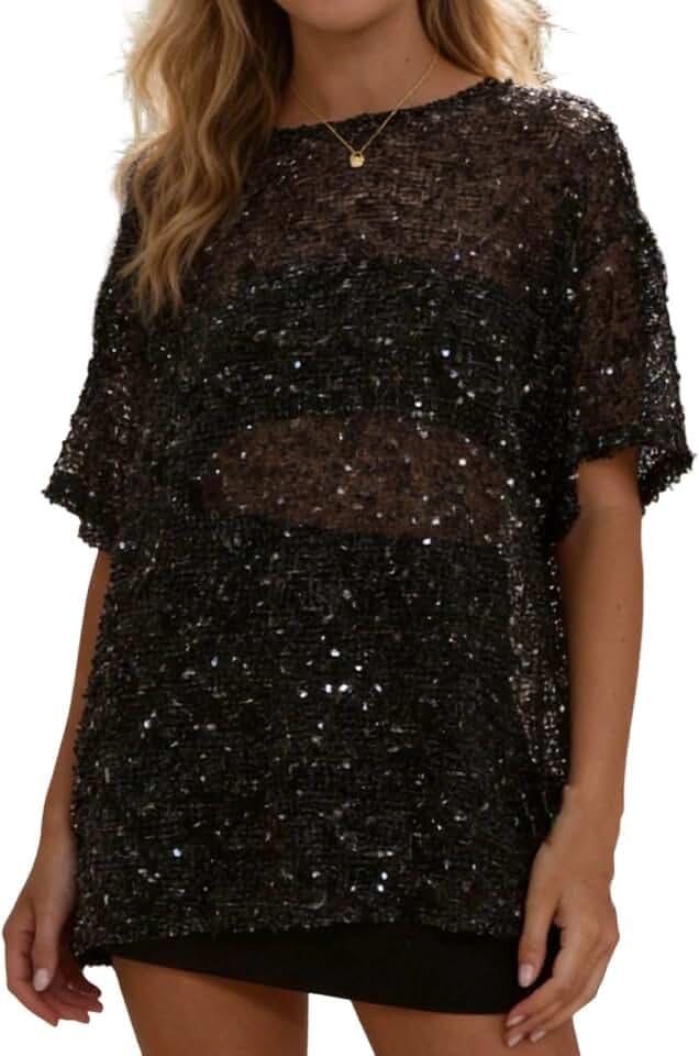 Women Oversized Sequin Knit T-Shirt Semi Sheer Short Sleeve Glitter Tee Top Y2K Sparkly Crochet Cover Up Beachwear
