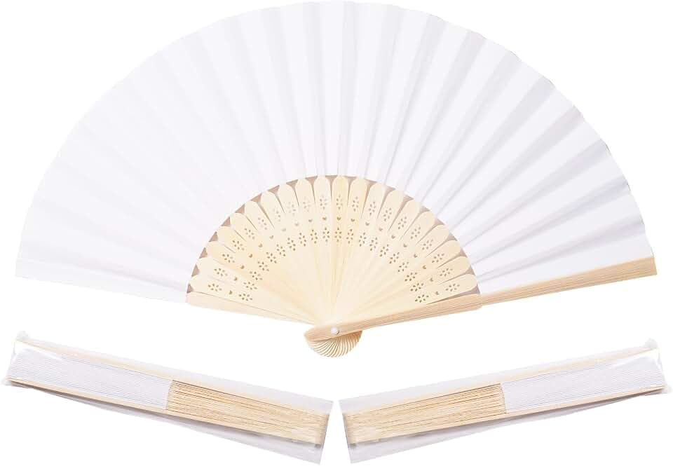 Sepwedd 50pcs White Paper Hand Fan Bamboo Folding Fan Handheld Paper Fan