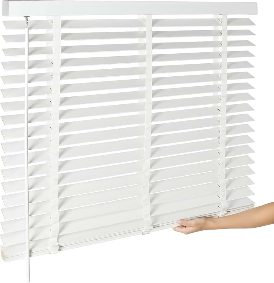 BAYUE 2" Cordless Real Wood Blinds for Indoor Windows, White, 32" W x 48" H