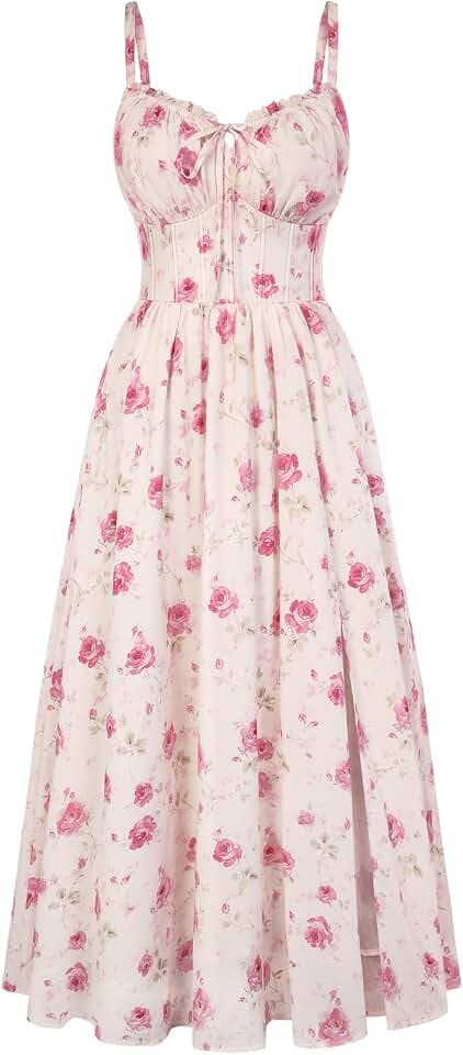 SCARLET DARKNESS Damen Sommerkleid Lang Ärmellos Blumendruck Corsagenkleid Spaghettiträger Strandkleid mit Taschen