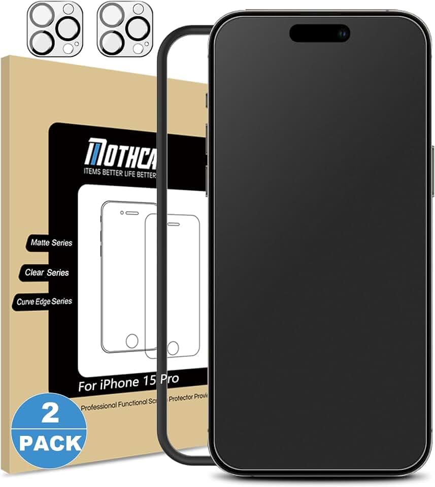 Mothca 2 Pack Matte Glass Screen Protector for iPhone 15 Pro [6.1 inch] + 2 Pack Camera Lens Protector, Anti-Glare & Anti-Fingerprint Case Friendly Tempered Glass Film, Bubble Free, Smooth as Silk
