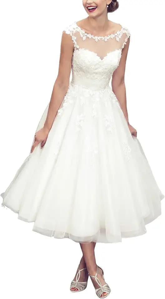 Women's Elegant Sheer Vintage Short Lace Wedding Dress for Bride