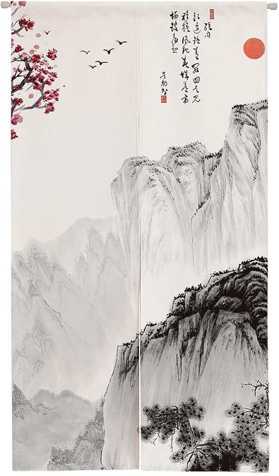 Ofat Home Chinese Ink Landscape Noren Curtain 33.5" x 59"