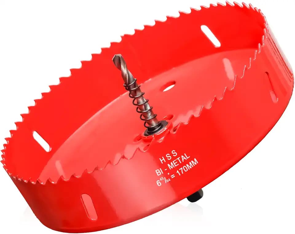 Bohrkrone 170mm Durchmesser mit Zentrierbohrer, Universal Lochsäge Lochfräser Lochbohrer aus HSS M44 Bi-Metall für Holz, Weich Metall und Kunststoff (Rigipsplatten und Trockenbau), mit Trennbar Bohrer