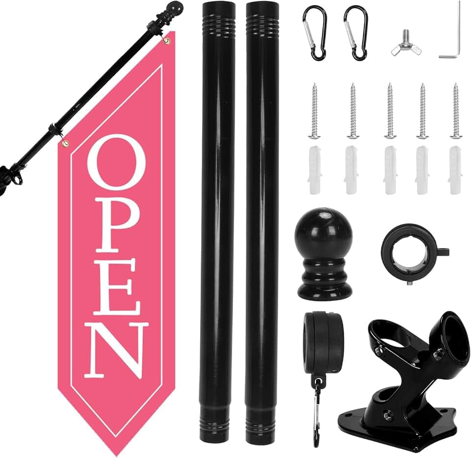 OPEN Flag with Pole Kit - Heavy Duty Canvas Open Banner for Business Storefront, 42x12 Inch Outdoor Double-Sided Sign with Bracket - Advertising Signage for Retail & Shops (Pink)