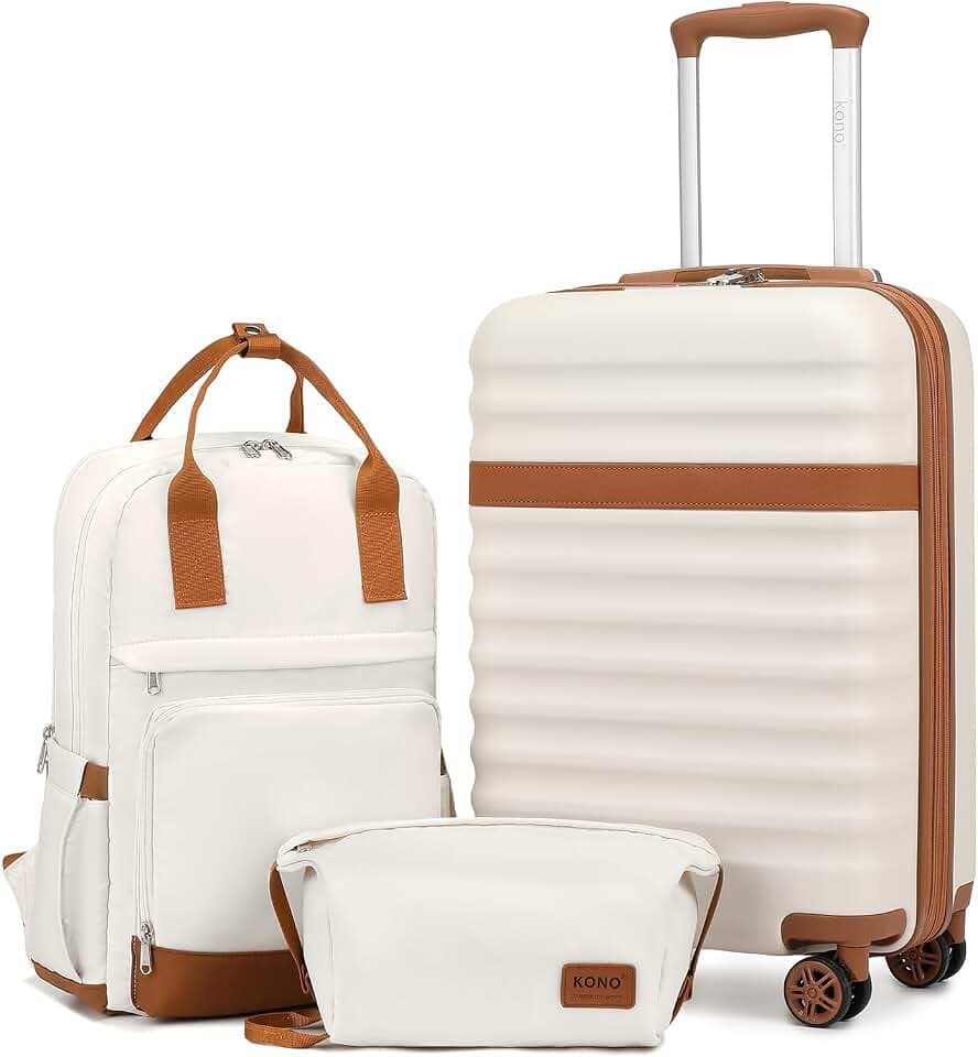 Kono 3-Piece Luggage Set Carry-On Hardshell TSA Lock Cream