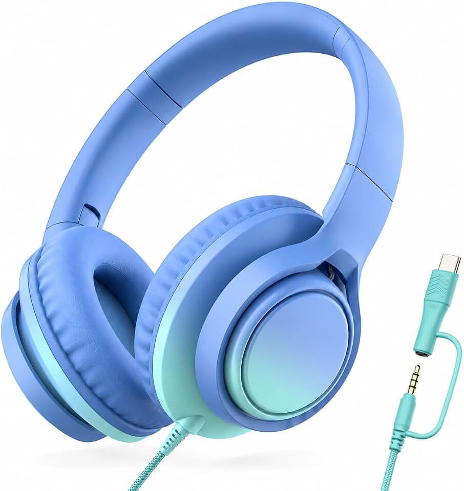 Kinder-Kabelkopfhörer, 85/94 dB, Mikro, USB-C-Adapter, Himmelblau