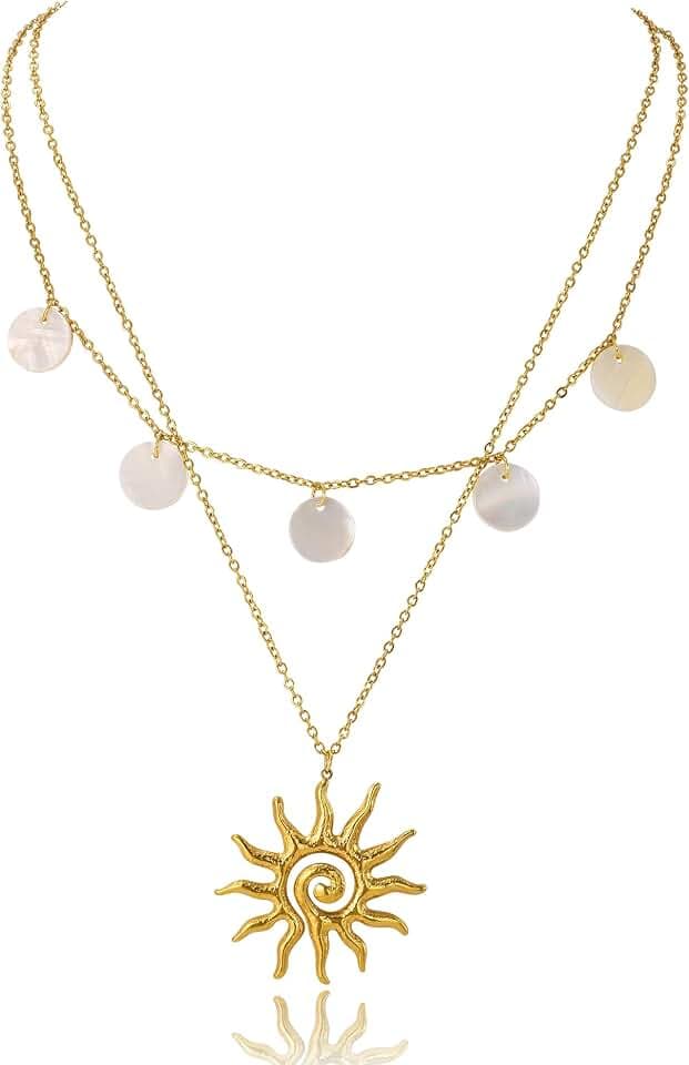 Gold Necklace for Women, Dainty 14K Gold Plated Layered Sun Pendant Necklace Gold Charm Chocker Jewelry Gift for Her