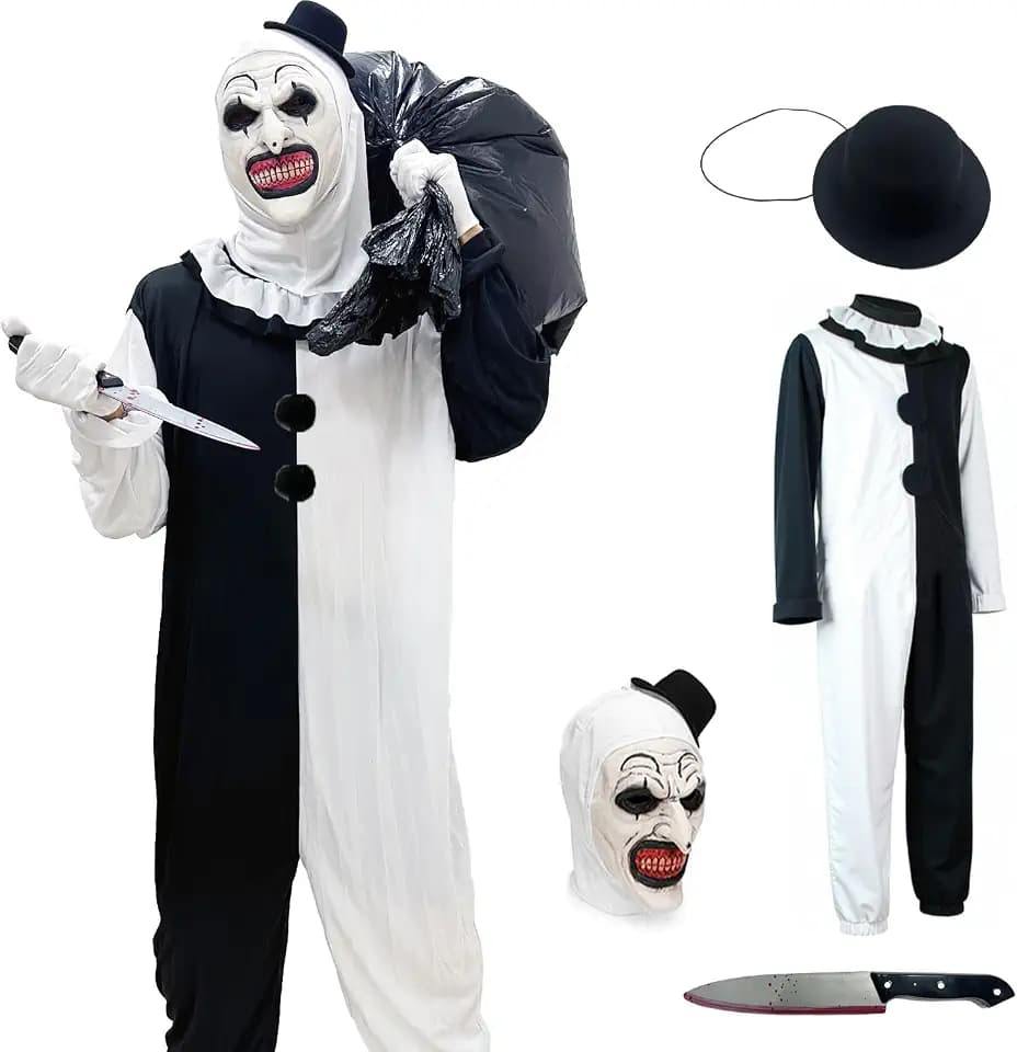 Terrifier Kostüm, Halloween Kostüm Terrifier, Gruseliges Terrifier Outfit, mit maske in latex, Blutmesser, Große Tasche, geeignet für Halloween, Karneval, Cosplay