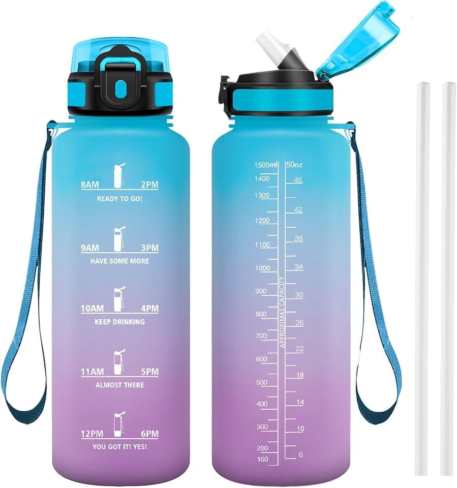 Trinkflasche 1.5L, Auslaufsicher Sportflasche mit Strohhalm & Zeitmarkierung für Outdoor, Fitness, Schule, Büro, Fahrrad