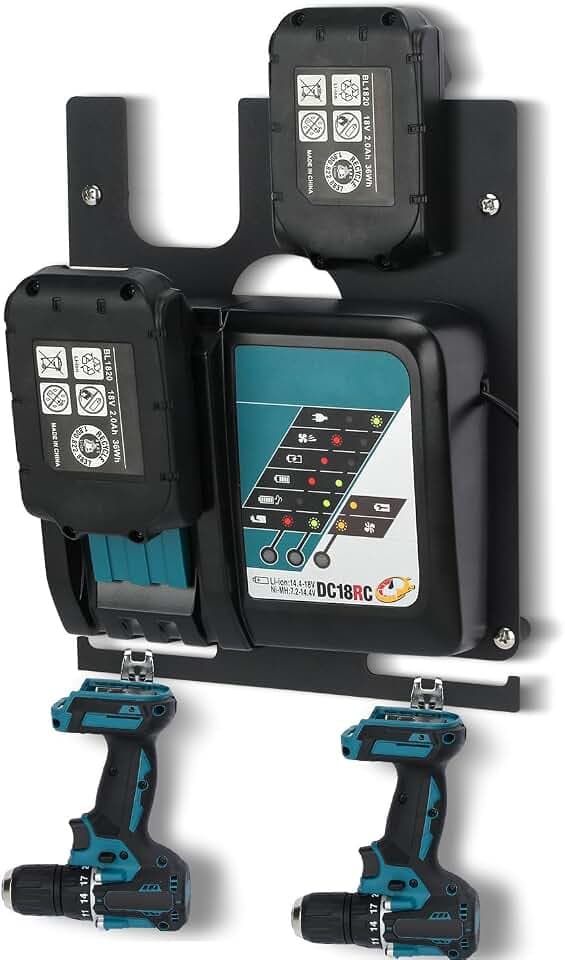 3in1 Wandhalterung für Makita Akkus 18V 14,4V, Ladegeräte DC18RC und Akku-Bohrschrauber, stabiler 2er Akkuhalter Ladegerät Halter und Akku-Bohrschrauber