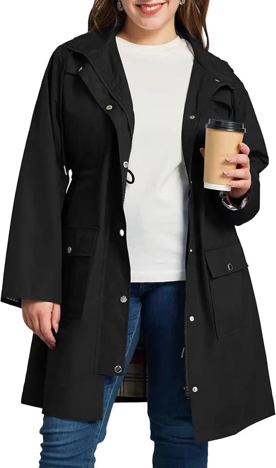 Kikibell Plus Size Rain Jackets for Women Raincoats Waterproof Windbreaker Jacket Hooded Outdoors Trench Coat with Pockets