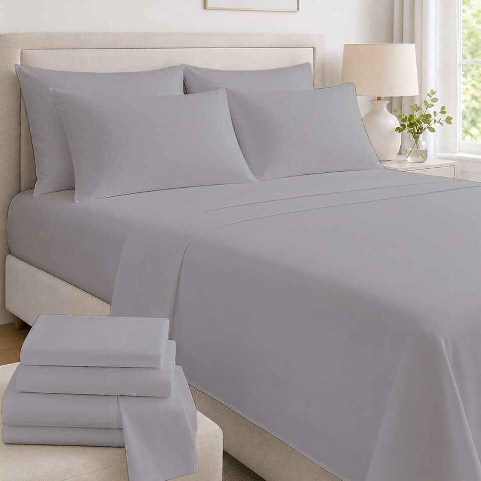 Mattress-Homes Cal King Size Bed Sheets 6 Piece Hotel Luxury Collection, 100% Egyptian Cotton,18 Inch Deep Pocket Fitted Sheet, Soft & Cool, Breathable California King Sheets Bedding Light Grey Solid
