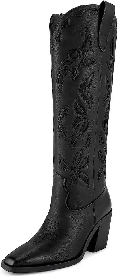 ISNOM Black Knee High Cowboy Cowgirl Boots for Women - Womens Western Country Tall Long Cowgirl Cowboy Boots with Almond Toe Square Toe for Party Holiday Travel Size 10